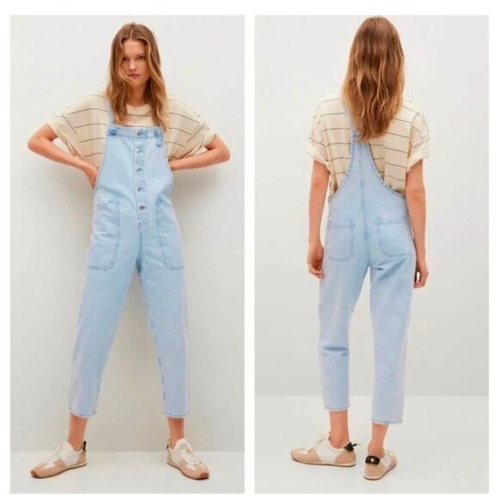 Mango MNG Denim Committed Light Wash Button Front Overalls Sustainable Blue S